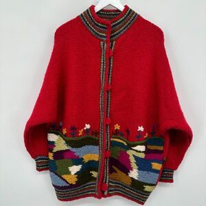 Vintage Dobrila Cardigan Sweater Medium Hand Knit Embroidered 100% Pure New Wool